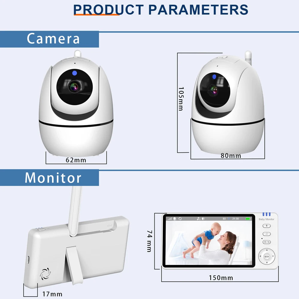 Moniteur vidéo bébé de 5,0 pouces avec caméra panoramique et inclinable, audio bidirectionnel sans fil, vision nocturne, sécurité, baby-sitter, VOX, réveil, charge USB.