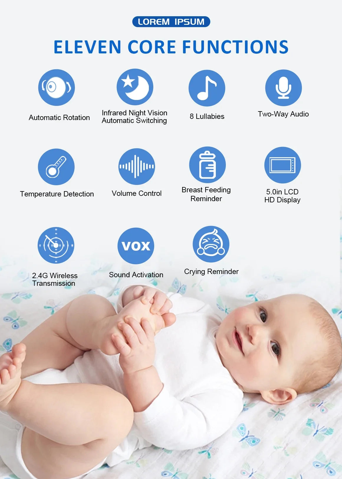 Moniteur vidéo bébé de 5,0 pouces avec caméra panoramique et inclinable, audio bidirectionnel sans fil, vision nocturne, sécurité, baby-sitter, VOX, réveil, charge USB.