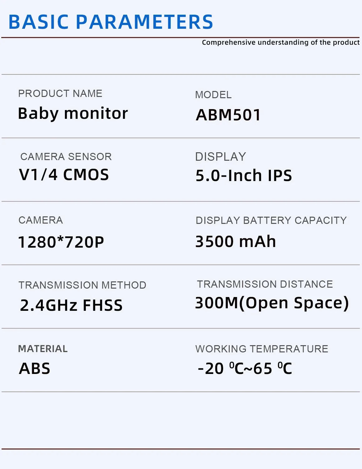Moniteur vidéo bébé de 5,0 pouces avec caméra panoramique et inclinable, audio bidirectionnel sans fil, vision nocturne, sécurité, baby-sitter, VOX, réveil, charge USB.