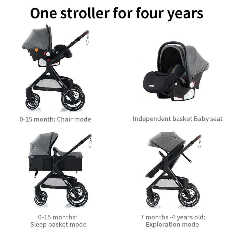 Poussette bébé 3 en 1 multifonctionnelle, peut s'asseoir inclinable, légère et pliable, poussette haute paysage, landau bébé.