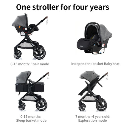 Poussette bébé 3 en 1 multifonctionnelle, peut s'asseoir inclinable, légère et pliable, poussette haute paysage, landau bébé.