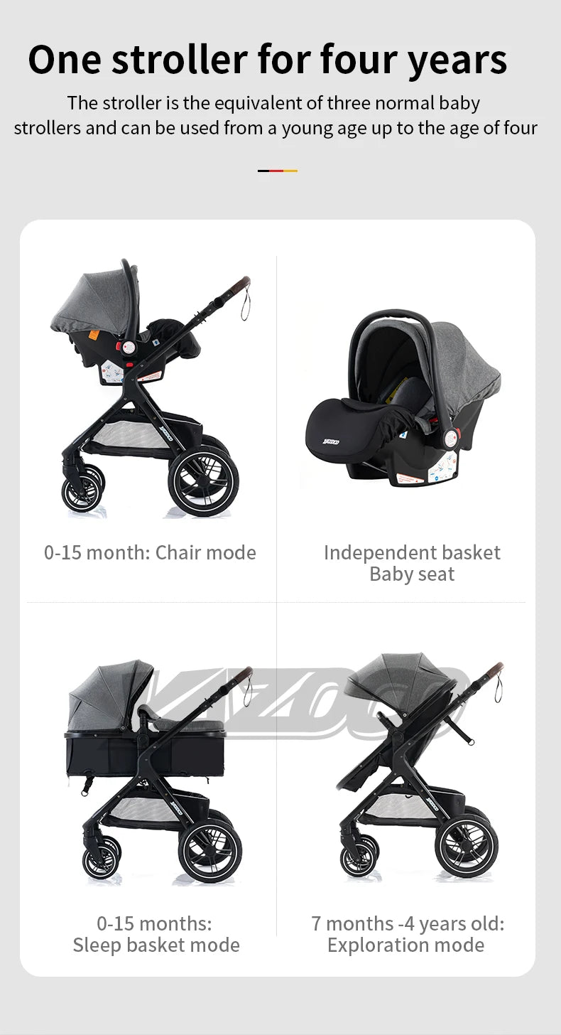 Poussette bébé 3 en 1 multifonctionnelle, peut s'asseoir inclinable, légère et pliable, poussette haute paysage, landau bébé.