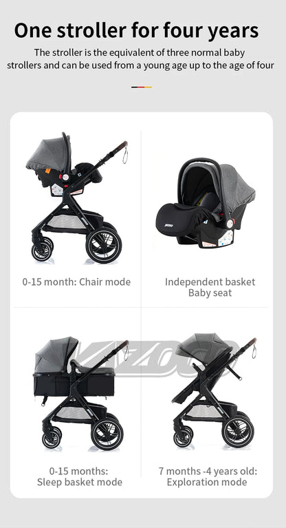 Poussette bébé 3 en 1 multifonctionnelle, peut s'asseoir inclinable, légère et pliable, poussette haute paysage, landau bébé.