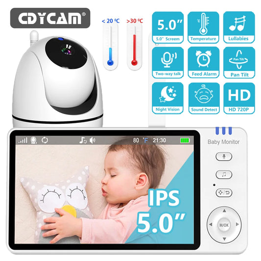 Moniteur vidéo bébé de 5,0 pouces avec caméra panoramique et inclinable, audio bidirectionnel sans fil, vision nocturne, sécurité, baby-sitter, VOX, réveil, charge USB.