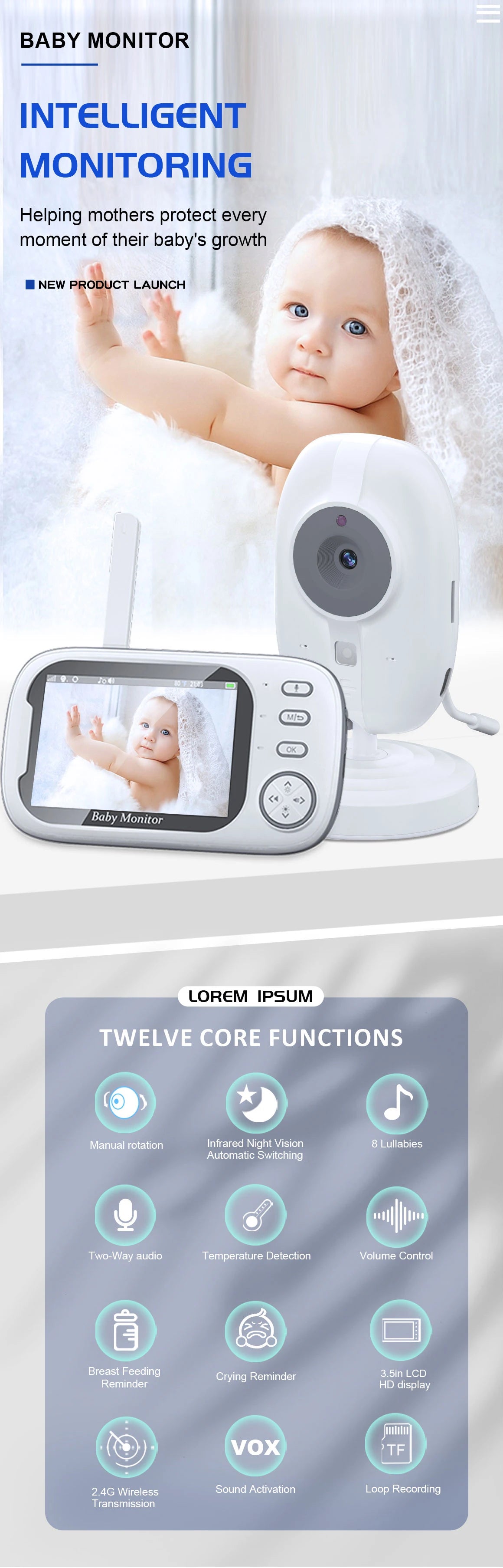 Moniteur vidéo sans fil pour bébé Cdycam New de 3,5 pouces avec vision nocturne, surveillance de la température, audio bidirectionnel et caméra de sécurité.