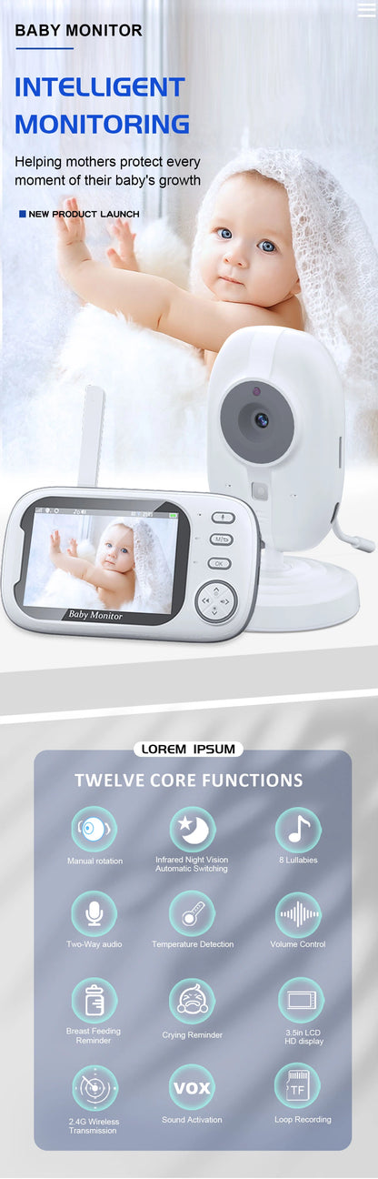 Moniteur vidéo sans fil pour bébé Cdycam New de 3,5 pouces avec vision nocturne, surveillance de la température, audio bidirectionnel et caméra de sécurité.