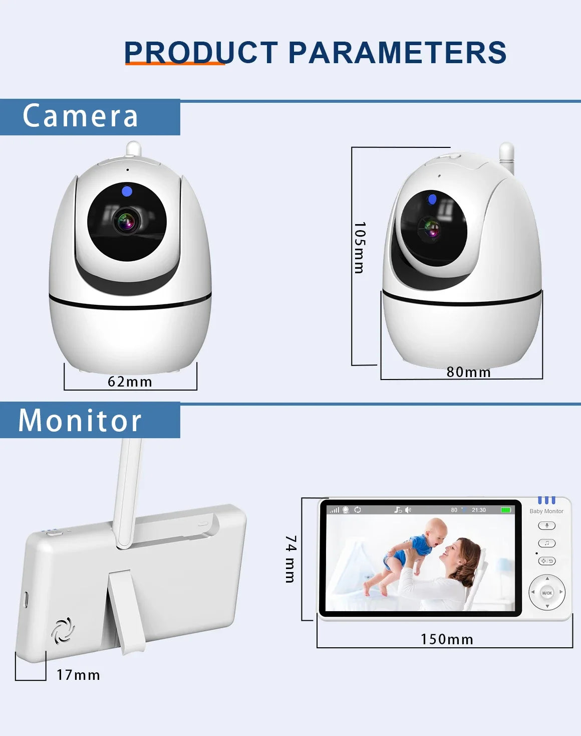 Moniteur vidéo bébé de 5,0 pouces avec caméra panoramique et inclinable, audio bidirectionnel sans fil, vision nocturne, sécurité, baby-sitter, VOX, réveil, charge USB.