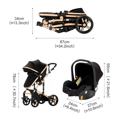 Poussette 3 en 1 Système de voyage Landaus pour nouveau-nés Siège-auto Poussette Paysage élevé Poussette bébé légère