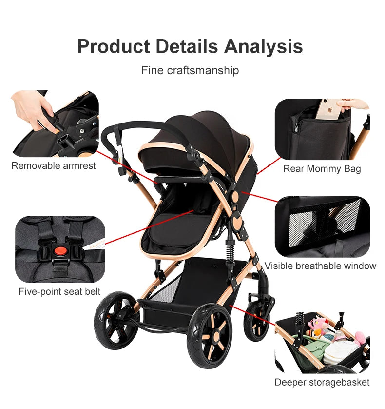 Poussette 3 en 1 Système de voyage Landaus pour nouveau-nés Siège-auto Poussette Paysage élevé Poussette bébé légère
