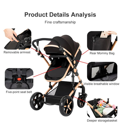 Poussette 3 en 1 Système de voyage Landaus pour nouveau-nés Siège-auto Poussette Paysage élevé Poussette bébé légère
