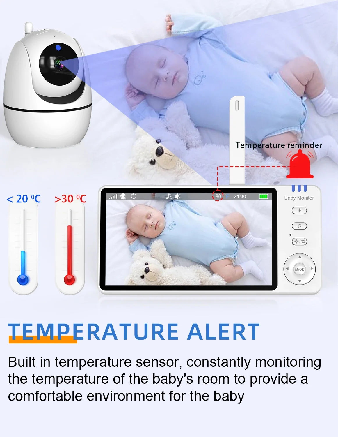 Moniteur vidéo bébé de 5,0 pouces avec caméra panoramique et inclinable, audio bidirectionnel sans fil, vision nocturne, sécurité, baby-sitter, VOX, réveil, charge USB.