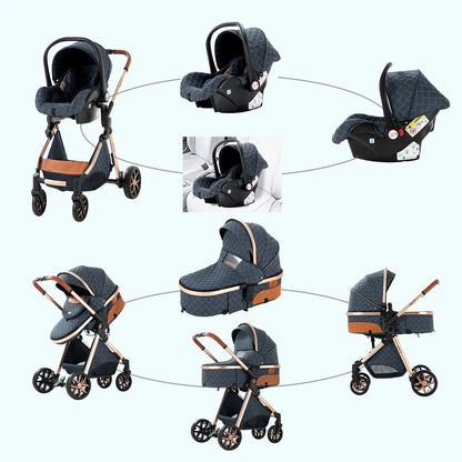 Poussette 3 en 1 Système de voyage Landaus pour nouveau-nés Siège-auto Poussette Paysage élevé Poussette bébé légère