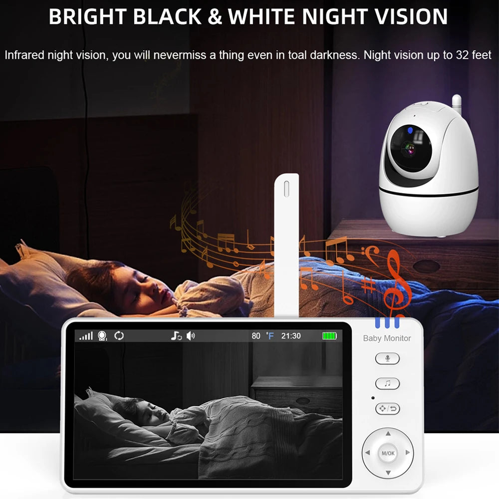 Moniteur vidéo bébé de 5,0 pouces avec caméra panoramique et inclinable, audio bidirectionnel sans fil, vision nocturne, sécurité, baby-sitter, VOX, réveil, charge USB.