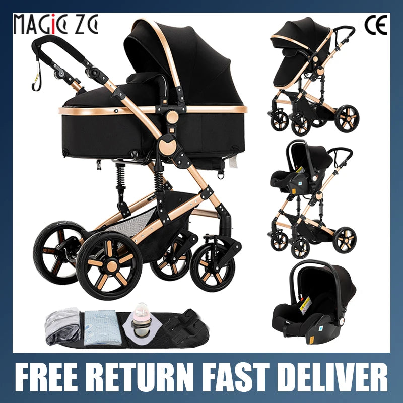 Poussette 3 en 1 Système de voyage Landaus pour nouveau-nés Siège-auto Poussette Paysage élevé Poussette bébé légère