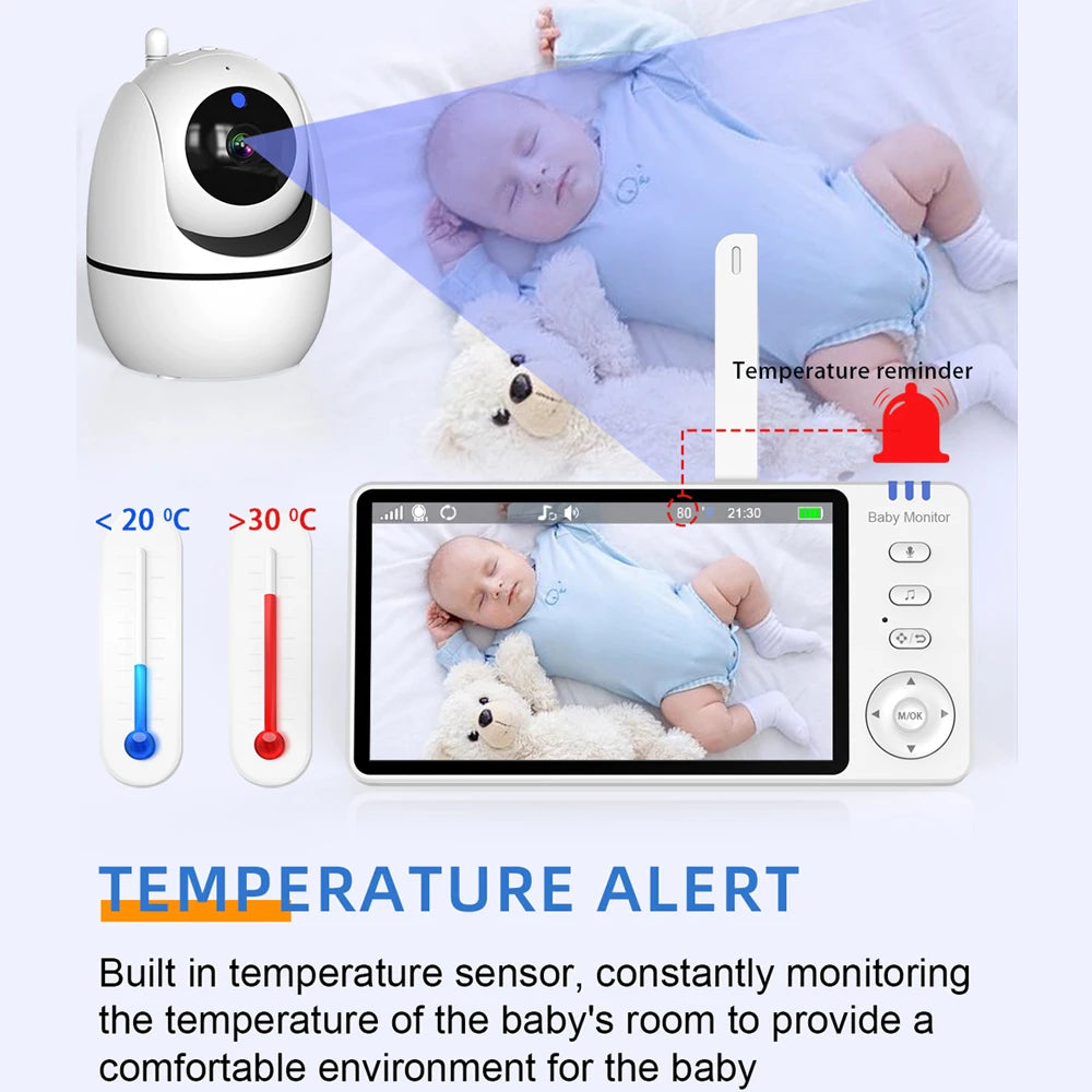 Moniteur vidéo bébé de 5,0 pouces avec caméra panoramique et inclinable, audio bidirectionnel sans fil, vision nocturne, sécurité, baby-sitter, VOX, réveil, charge USB.