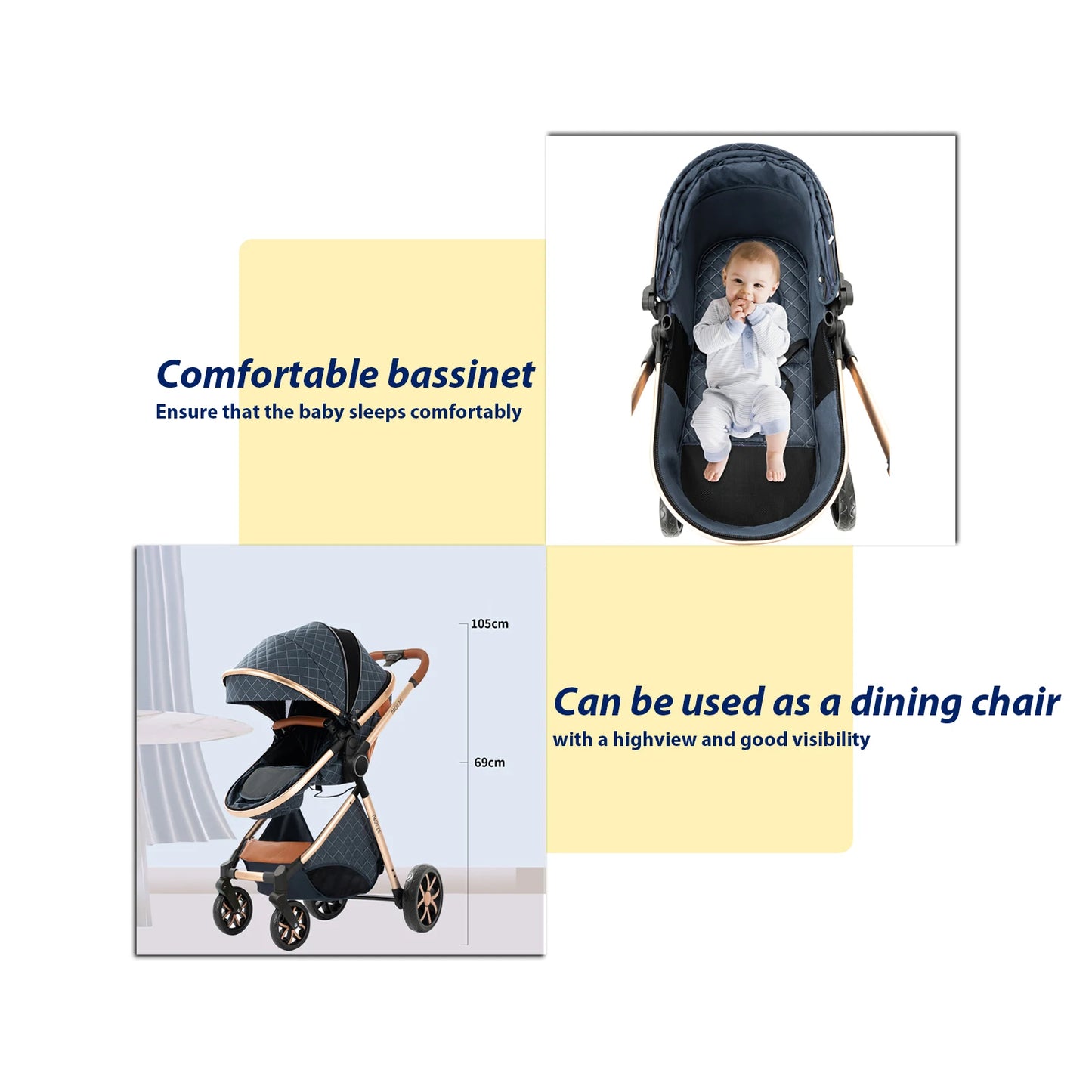 Poussette 3 en 1 Système de voyage Landaus pour nouveau-nés Siège-auto Poussette Paysage élevé Poussette bébé légère