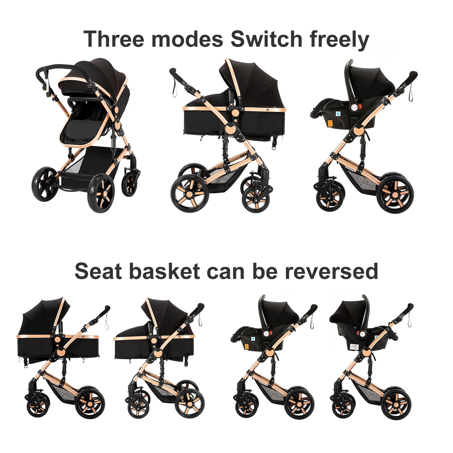 Poussette 3 en 1 Système de voyage Landaus pour nouveau-nés Siège-auto Poussette Paysage élevé Poussette bébé légère