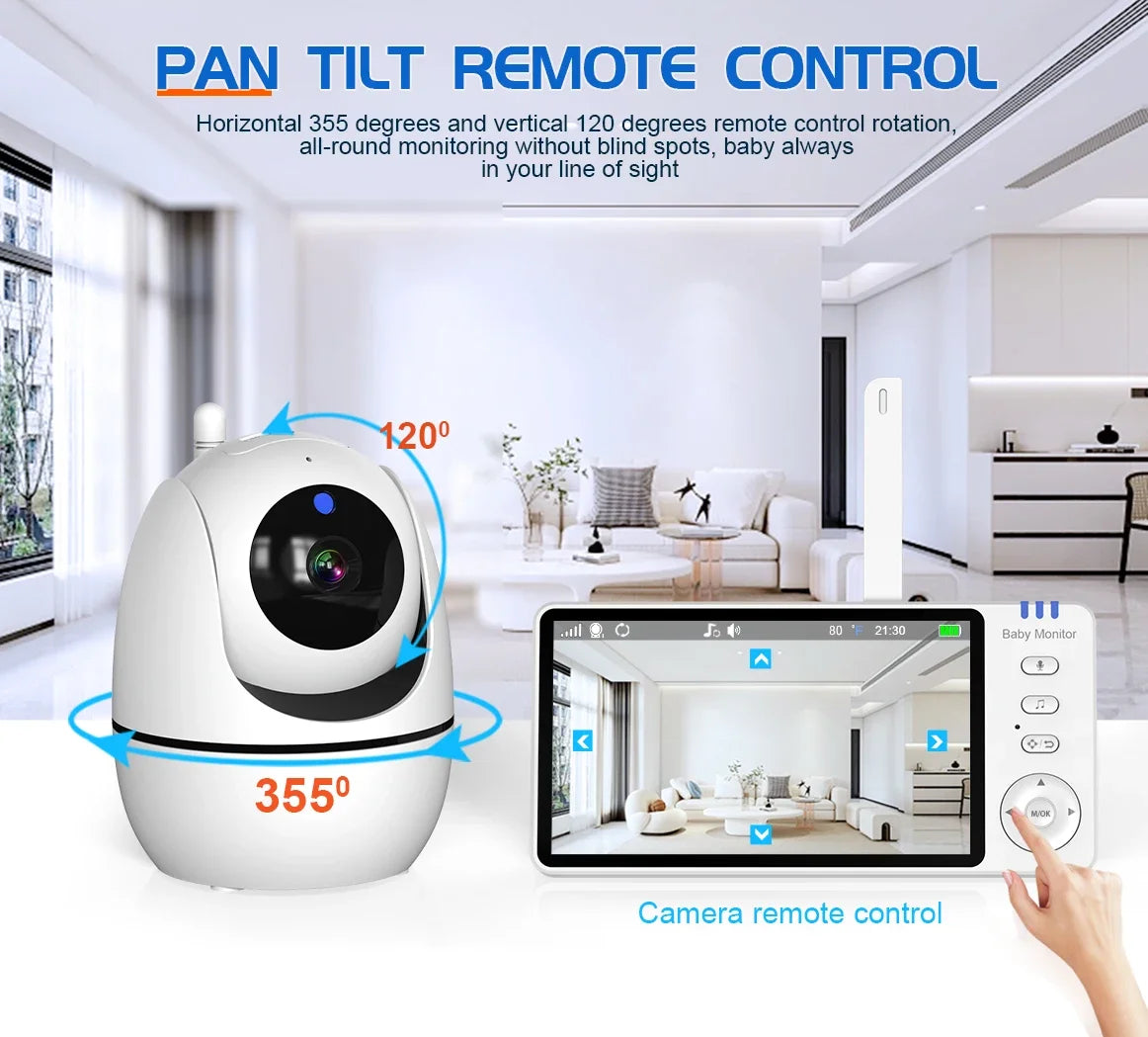 Moniteur vidéo bébé de 5,0 pouces avec caméra panoramique et inclinable, audio bidirectionnel sans fil, vision nocturne, sécurité, baby-sitter, VOX, réveil, charge USB.