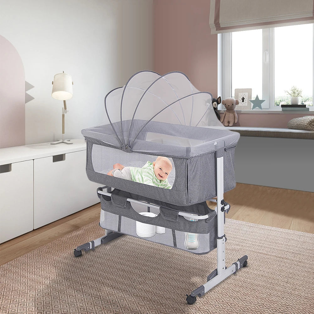 Lit bébé 3-en-1, berceau bébé avec moustiquaire, lit de voyage avec matelas, réglable, avec panier de rangement, nid mobile bébé