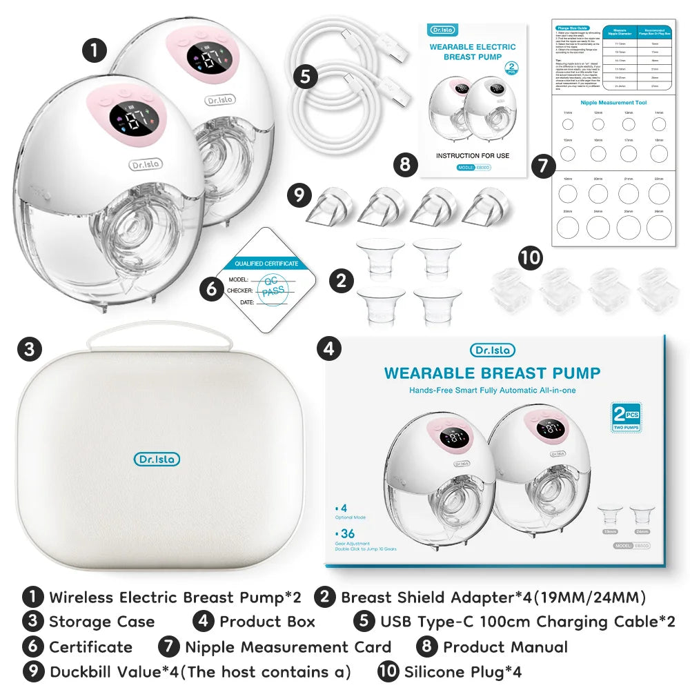 MAMIJOY 2PCS Pompe à Sein Électrique Portable 4 Modes 36 Niveaux d'Aspiration Silencieux Anti-Fuite Mains Libres Pompes à Sein Allaitement EB50