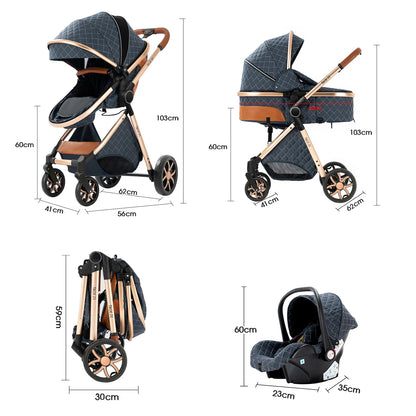 Poussette 3 en 1 Système de voyage Landaus pour nouveau-nés Siège-auto Poussette Paysage élevé Poussette bébé légère